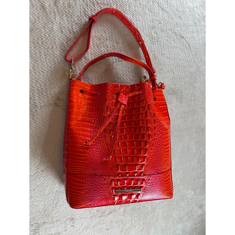 Brahmin Marlowe Flame Melbourne Bucket Bag Crossbody Bright Orange Red - Picture 11 of 16
